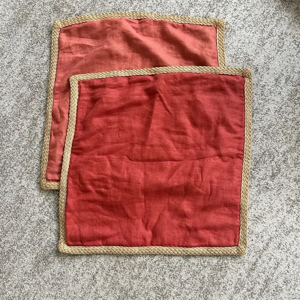 Pottery Barn Rust & Tan Raffia Trimmed Pillow Covers 20”x20”